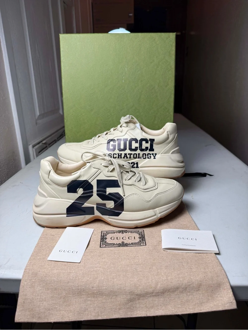 Gucci Rhyton Font Logo 25 Mens Beige Navy Blue 1921 Sneakers - Sz 9 G / US 10